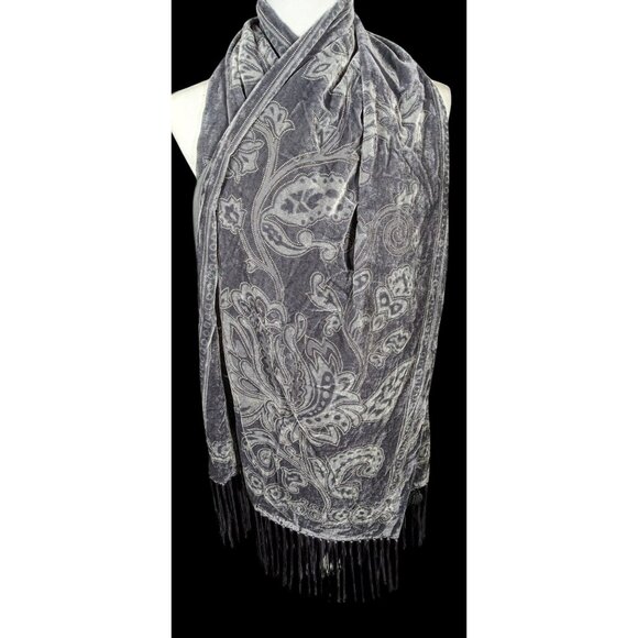 Style & Co Grey Gothic Floral Velvet Burnout Scarf With Fringe - Picture 5 of 11